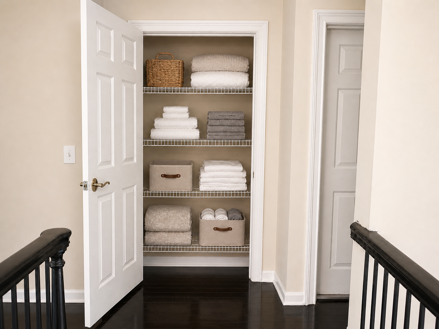 Organized linen closet storage